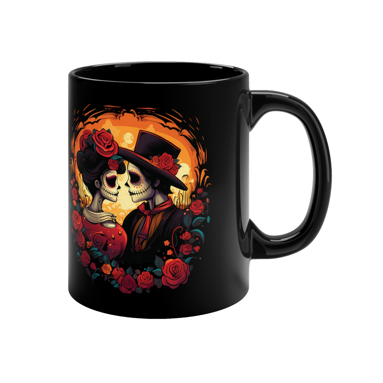 Kaffeebecher schwarz - Dia de los Muertos Motiv - Kuss der Ewigkeit - ca. 300ml