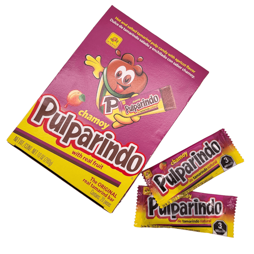 DeLaRosa Pulparindo Chamoy Display Packung 20 Stück 280g Packung mit zwei Kaustreifen daneben