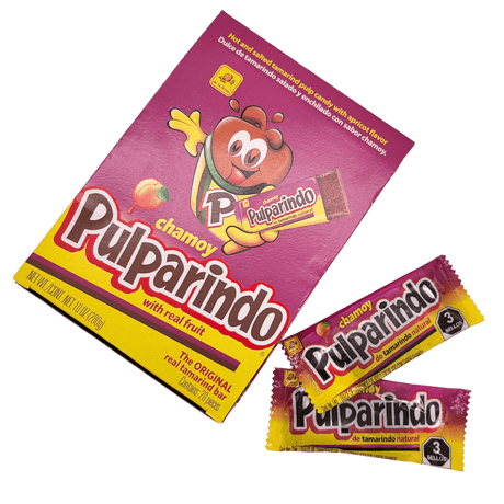 DeLaRosa Pulparindo Chamoy Display Packung 20 Stück 280g Packung mit zwei Kaustreifen daneben
