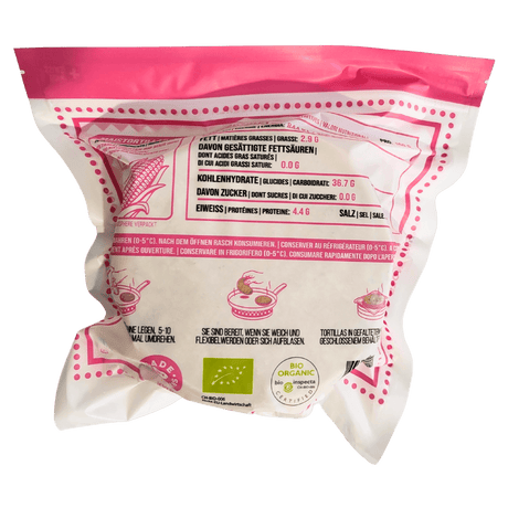 Masamor gelbe Maistortillas 1kg Packung in rosa und weiss Rückseite