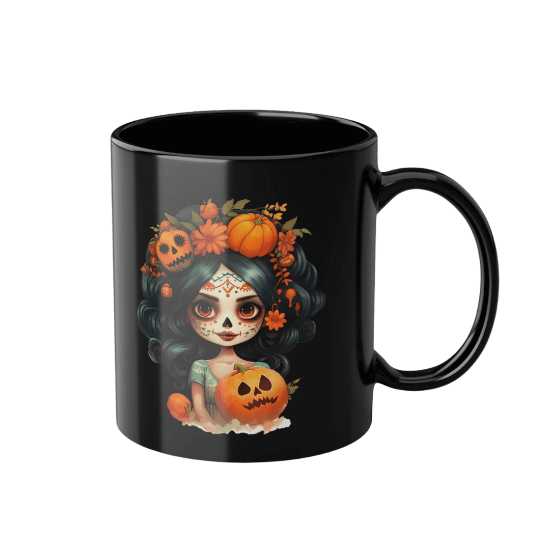 Schwarze Kaffeetasse La Nina de la Calabaza 330ml Füllmenge frontal