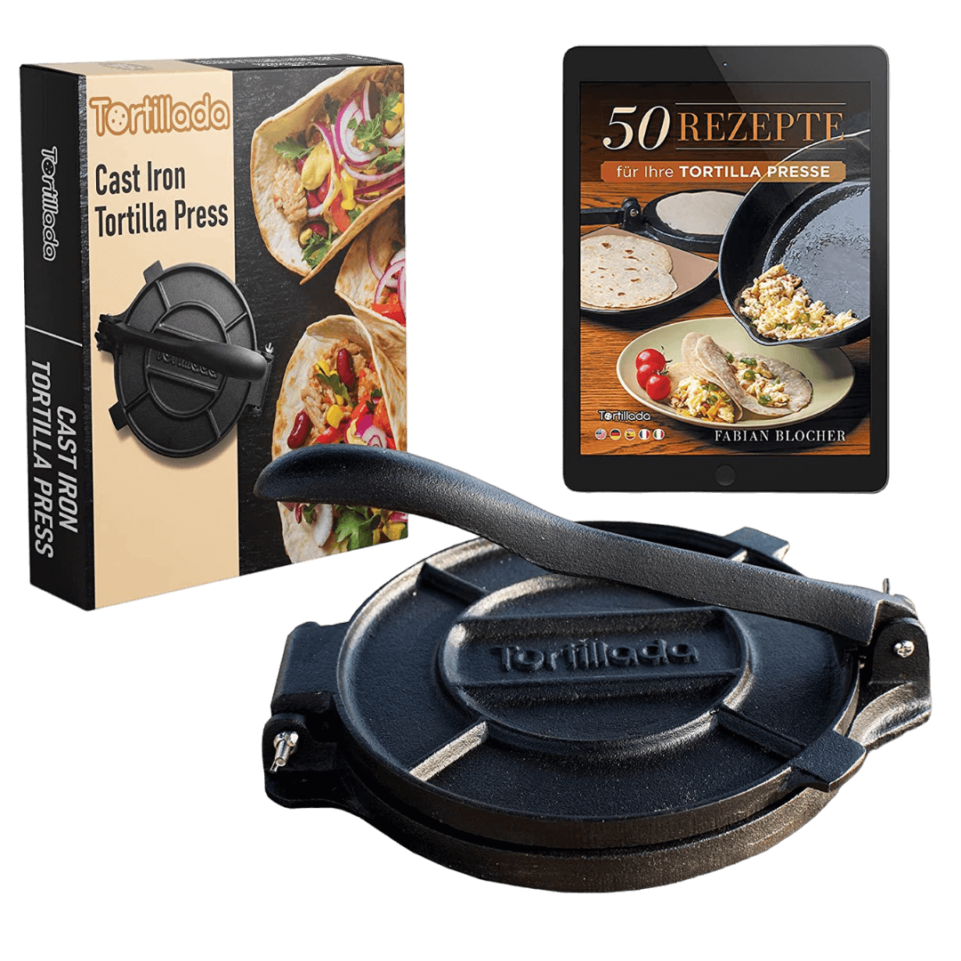 Tortilla Presse Tortillada 16 cm aus Gusseisen für selbstgemachte Tortillas + Rezept eBook