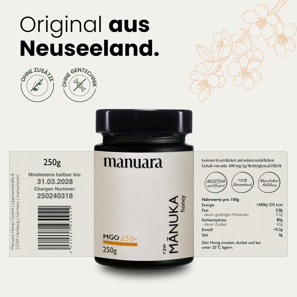 Label Manuara Manuka Honig MGO 250 Gehalt