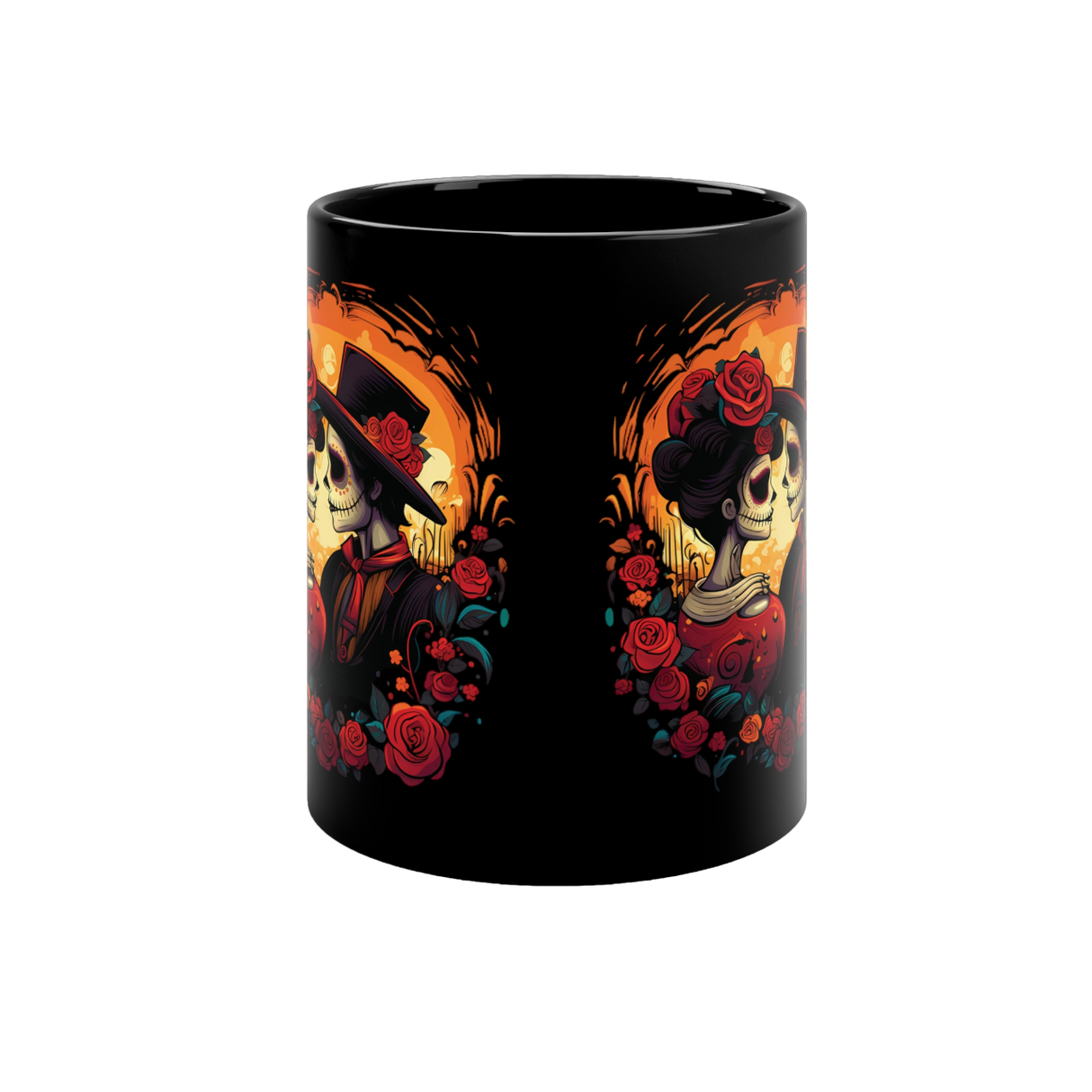 Taza color negro con motivo: Día de los Muertos / Beso Eterno / 330 ml