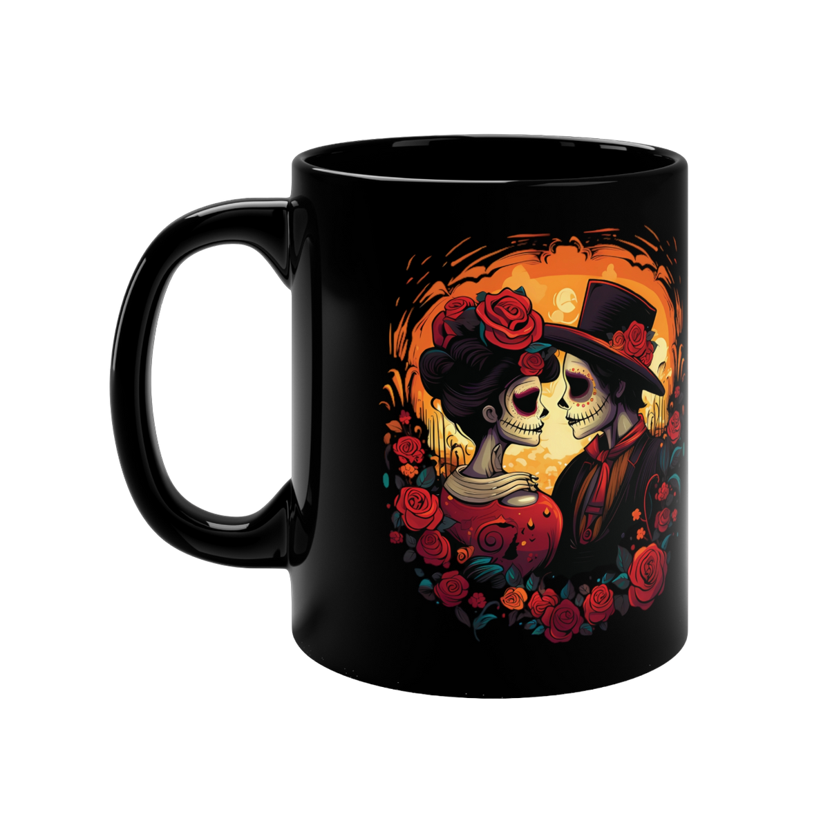 Kaffeebecher Kuss der Ewigkeit Dia de los Muertos schwarz rechte Seite frei