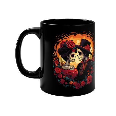 Kaffeebecher Kuss der Ewigkeit Dia de los Muertos schwarz rechte Seite frei