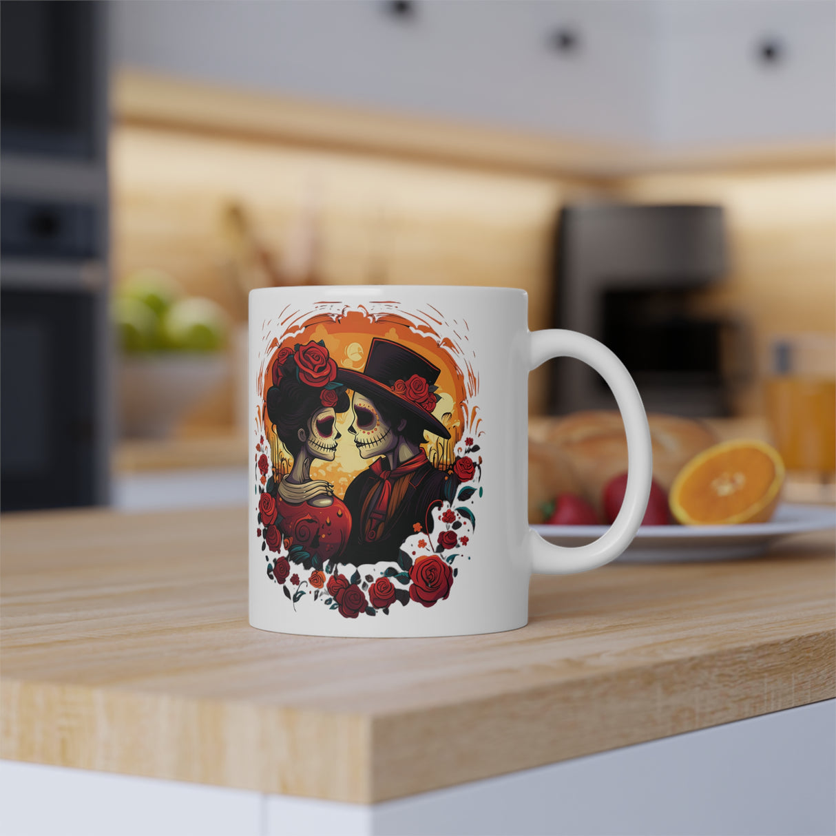 Kaffeebecher weiß - Dia de los Muertos Motiv - Kuss der Ewigkeit - ca. 300ml