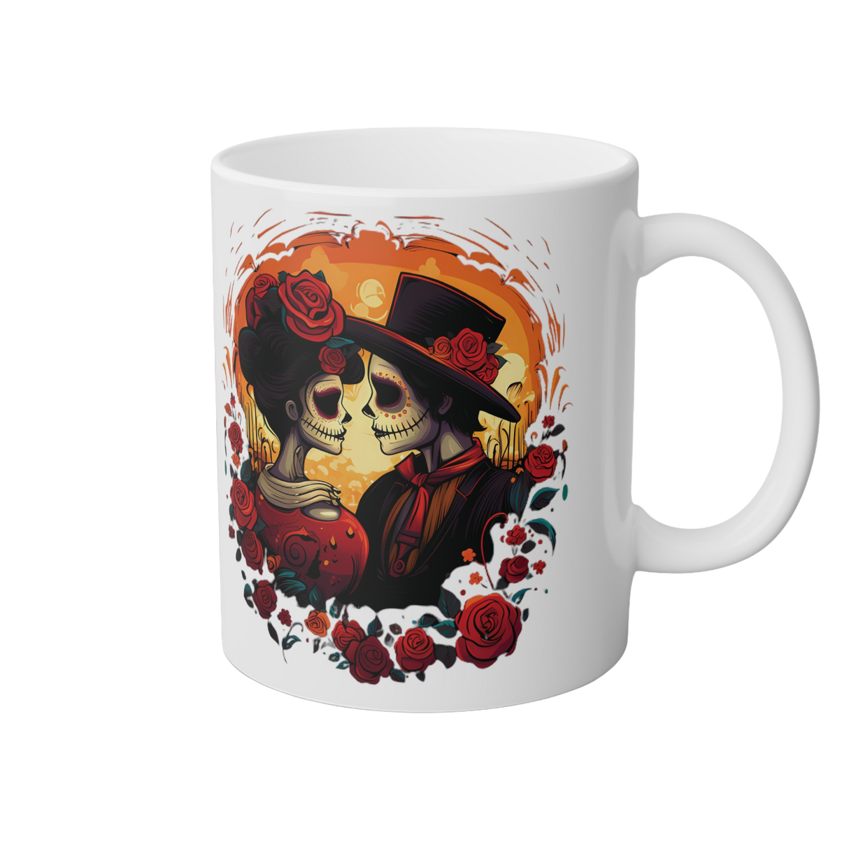 Kaffeebecher weiß - Dia de los Muertos Motiv - Kuss der Ewigkeit - ca. 300ml