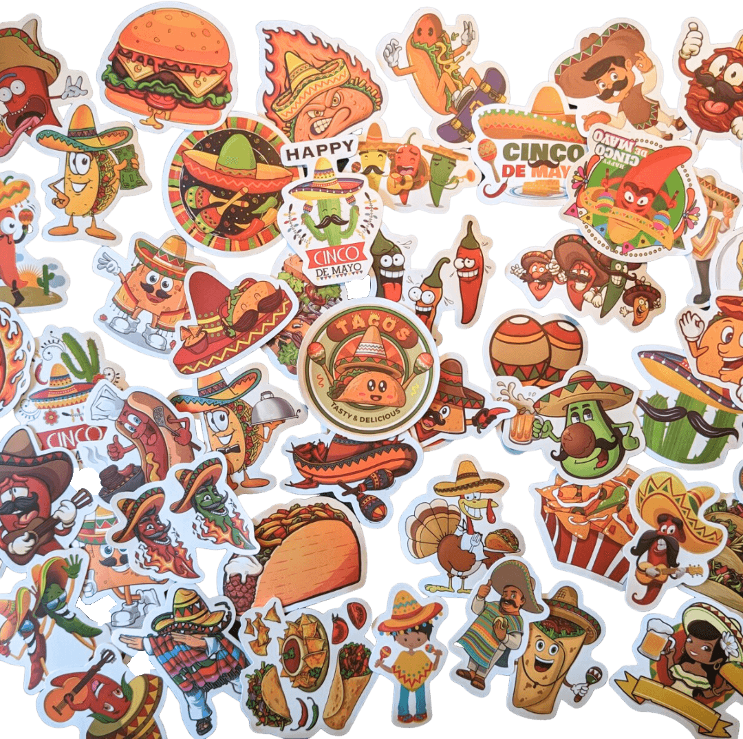 Stickers of Funny Mexican motifs in color about 60 pieces