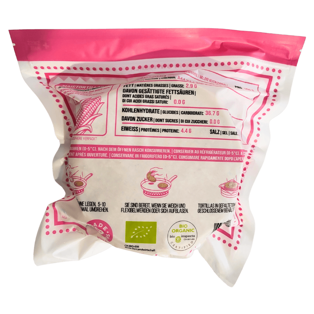 Masamor gelbe Maistortillas 1kg Packung in rosa und weiss Rückseite