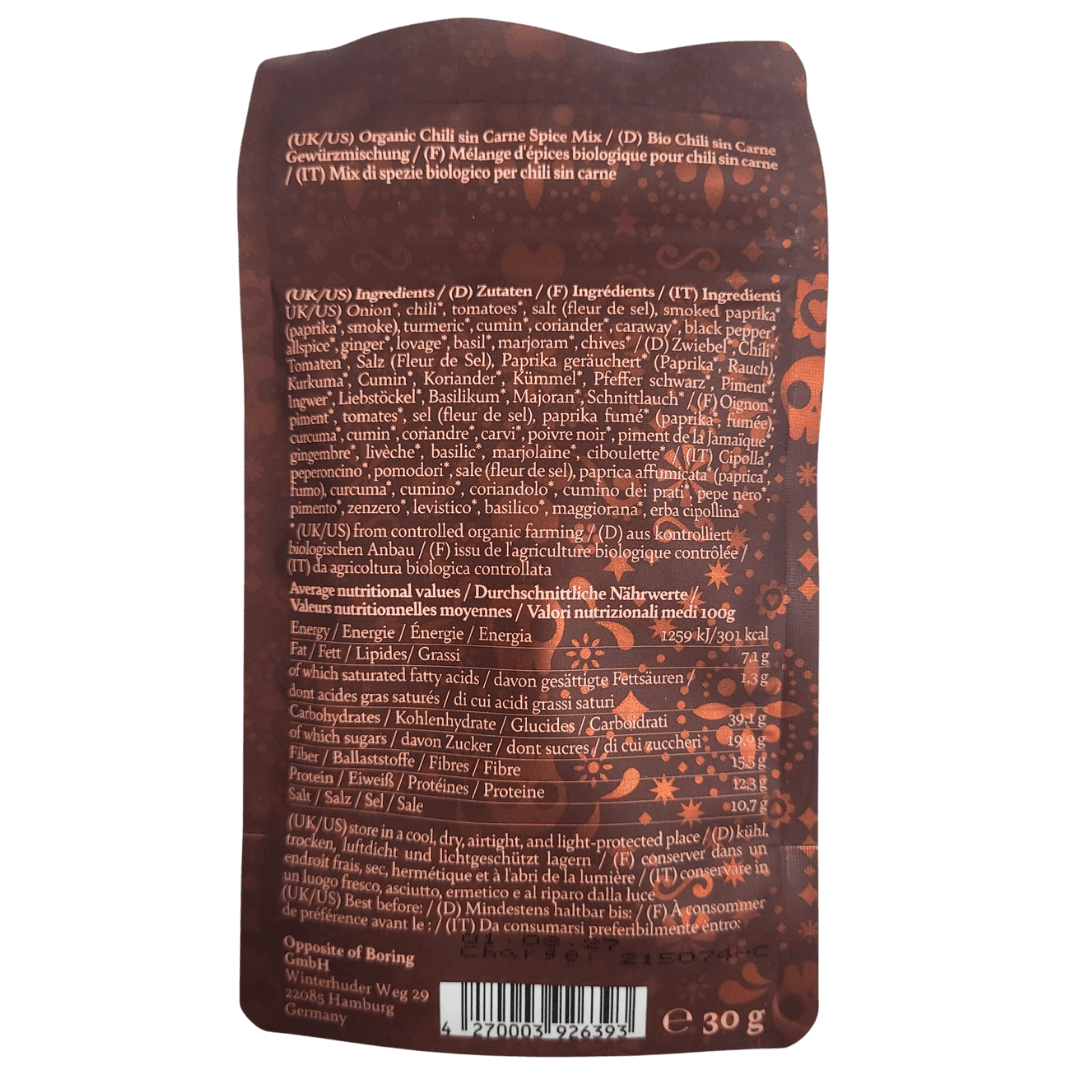 Chili sin carne Gewürzmischung Senor Lopez 30g backside