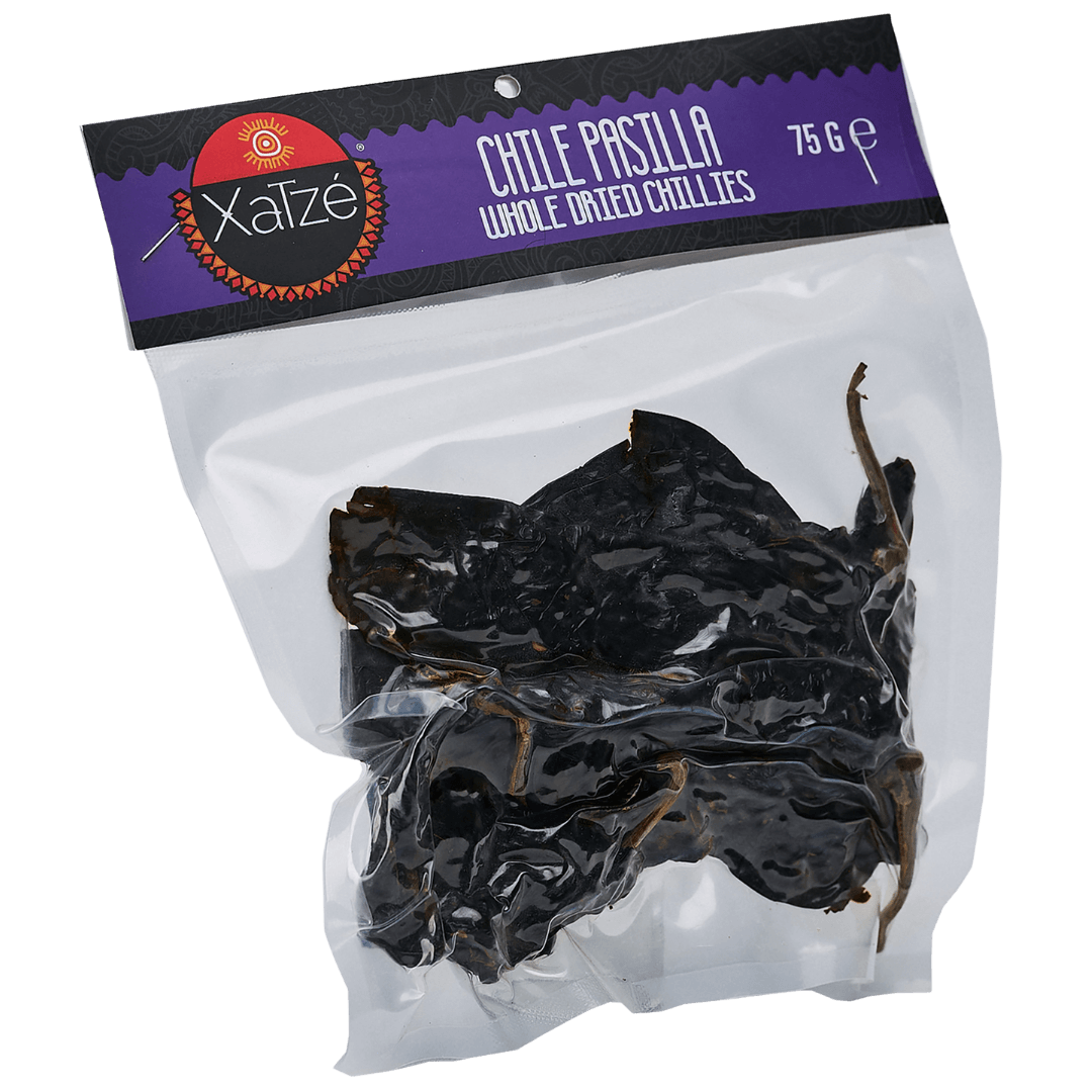 Xatze getrocknete Chili Pasilla 75g Packung seitlich