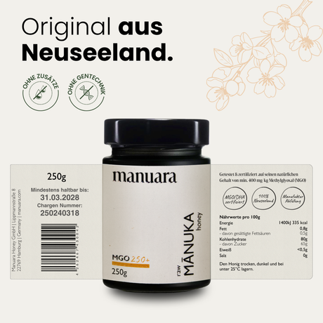 Label Manuara Manuka Honig MGO 250 Gehalt