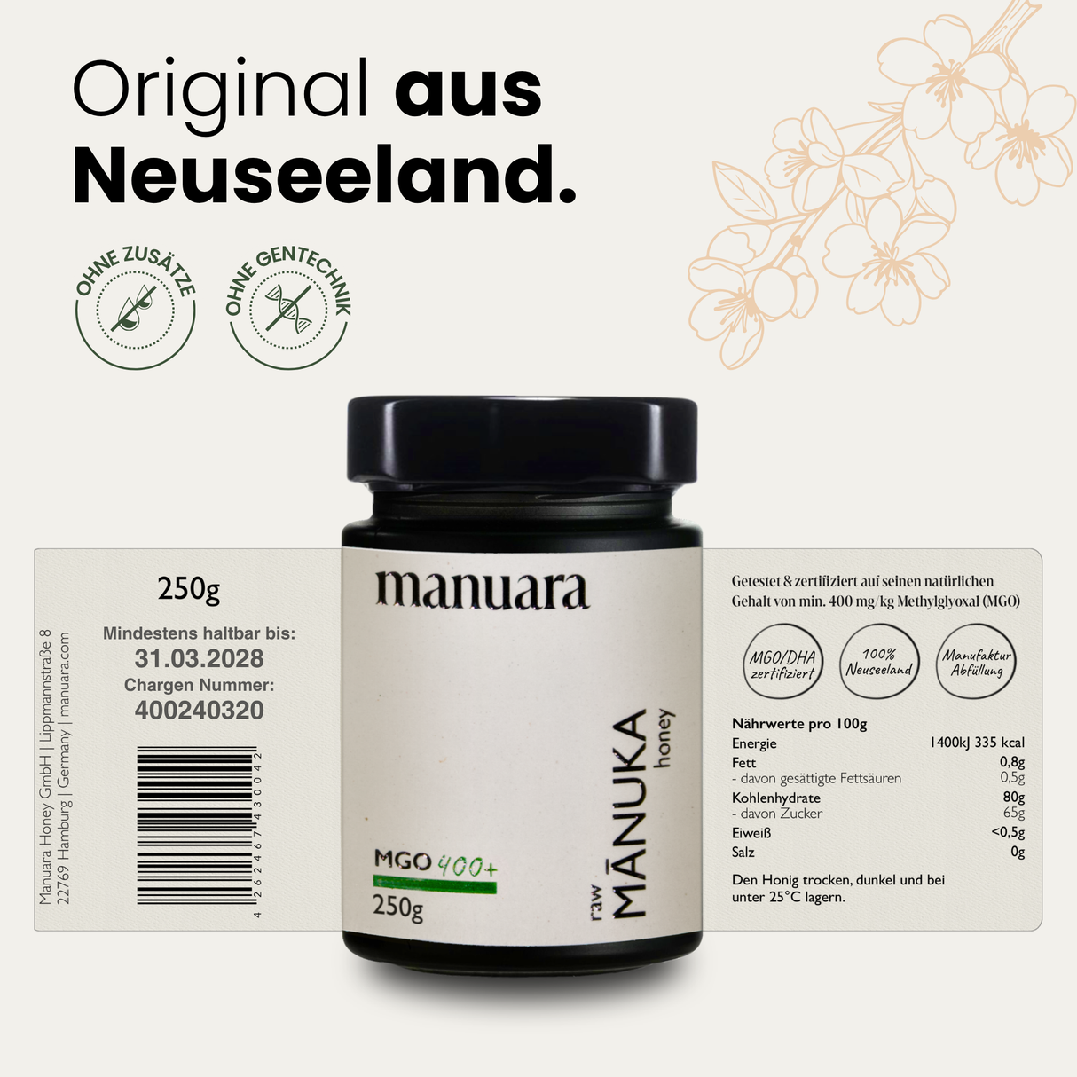 Premium Manuka-Honig MGO 400+ im lichtundurchlässigen Glas